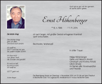 Traueranzeige von Ernst Höhenberger von Ansbach