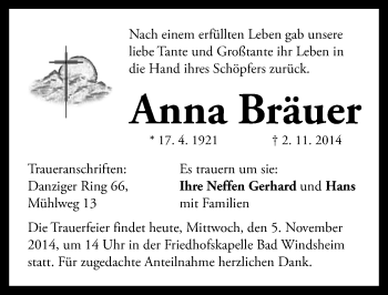 Traueranzeige von Anna Bräuer von Neustadt/ Scheinfeld/ Uffenheim