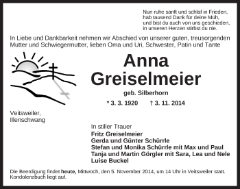 Traueranzeige von Anna Greiselmeier von Dinkelsbühl/ Feuchtwangen