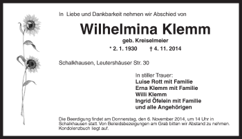 Traueranzeige von Wilhelmina Klemm von Ansbach