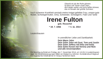 Traueranzeige von Irene Fulton von Ansbach