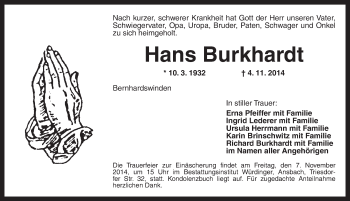 Traueranzeige von Hans Burkhardt von Ansbach