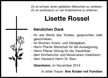 Traueranzeige von Lieselotte Rossel von Neustadt/ Scheinfeld/ Uffenheim