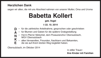Traueranzeige von Babetta Kollert von Ansbach