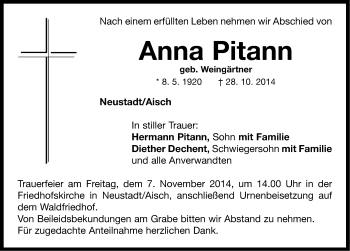 Traueranzeige von Anna Pitann von Neustadt/ Scheinfeld/ Uffenheim