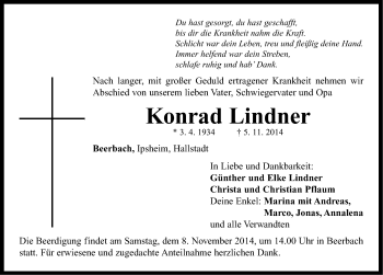 Traueranzeige von Konrad Lindner von Neustadt/ Scheinfeld/ Uffenheim