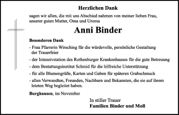 Traueranzeige von Anni Binder von Ansbach