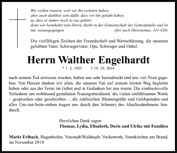 Traueranzeige von Walter Engelhardt von Neustadt/ Scheinfeld/ Uffenheim