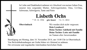 Traueranzeige von Lisbeth Ochs von Neustadt/ Scheinfeld/ Uffenheim