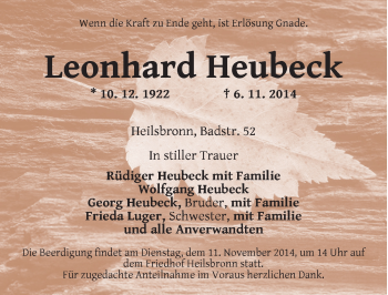 Traueranzeige von Leonhard Huebeck von Ansbach