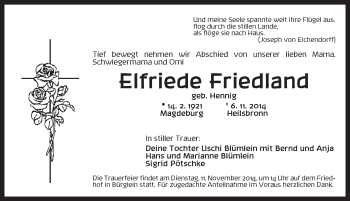 Traueranzeige von Elfriede Friedland von Ansbach