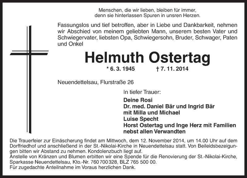  Traueranzeige für Helmuth Ostertag vom 11.11.2014 aus Ansbach