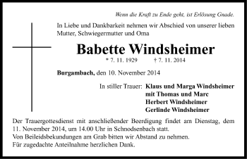 Traueranzeige von Babette Windsheimer von Neustadt/ Scheinfeld/ Uffenheim