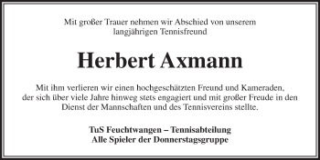 Traueranzeige von Herbert Axmann von Dinkelsbühl/ Feuchtwangen