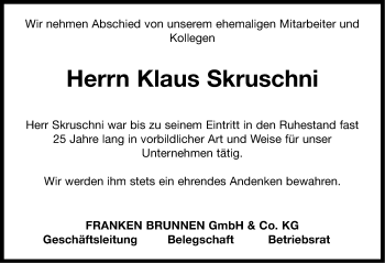 Traueranzeige von Klaus Skruschni von Neustadt/ Scheinfeld/ Uffenheim
