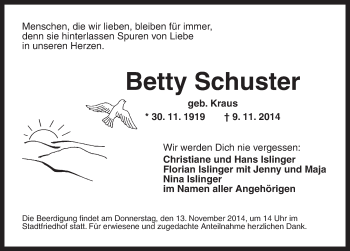 Traueranzeige von Betty Schuster von Ansbach