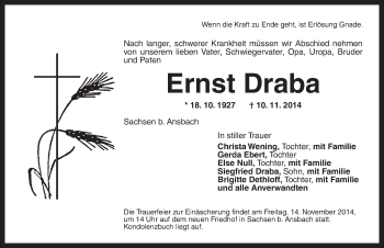 Traueranzeige von Ernst Draba von Ansbach