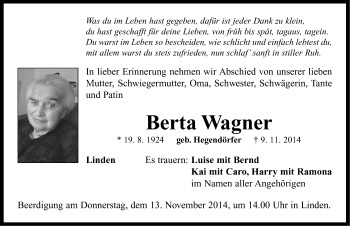 Traueranzeige von Berta Wagner von Neustadt/ Scheinfeld/ Uffenheim