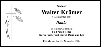 Traueranzeige von Walter Krämer von Neustadt/ Scheinfeld/ Uffenheim
