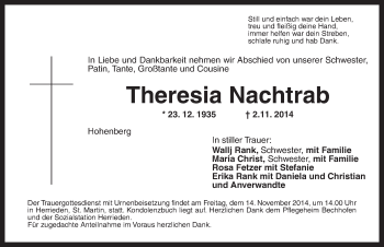 Traueranzeige von Theresia Nachtrab von Ansbach