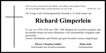 Traueranzeige von Richard Gimperlein von Neustadt/ Scheinfeld/ Uffenheim