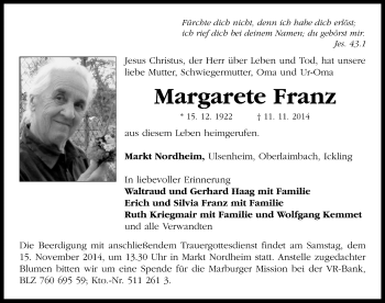 Traueranzeige von Margarete Franz von Neustadt/ Scheinfeld/ Uffenheim