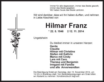 Traueranzeige von Hilmar Franz von Dinkelsbühl/ Feuchtwangen