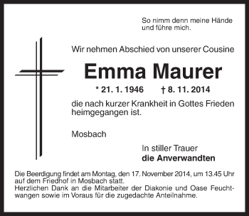 Traueranzeige von Emma Maurer von Dinkelsbühl/ Feuchtwangen