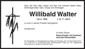 Traueranzeige von Willibald Walter von Dinkelsbühl/ Feuchtwangen