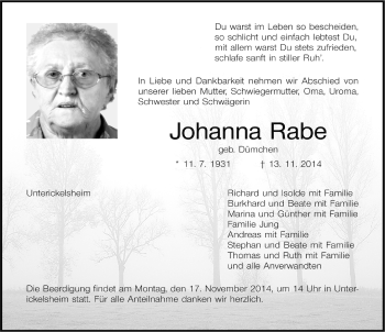 Traueranzeige von Johanna Rabe von Neustadt/ Scheinfeld/ Uffenheim