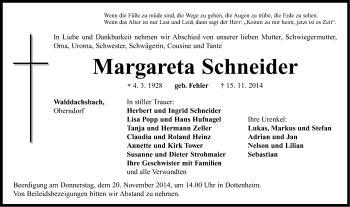 Traueranzeige von Margareta Schneider von Neustadt/ Scheinfeld/ Uffenheim