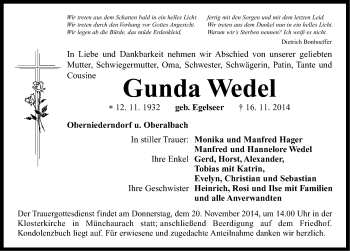 Traueranzeige von Gunda Wedel von Neustadt/ Scheinfeld/ Uffenheim