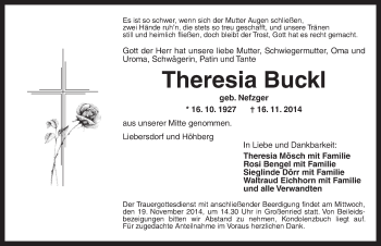 Traueranzeige von Theresia Buckl von Dinkelsbühl/ Feuchtwangen