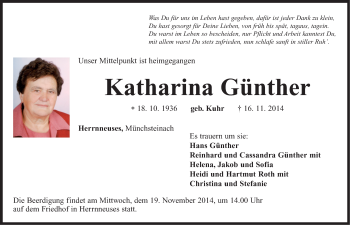 Traueranzeige von Katharina Günther von Neustadt/ Scheinfeld/ Uffenheim