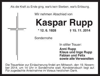 Traueranzeige von Kaspar Rupp von Ansbach