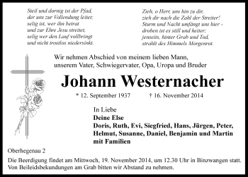 Traueranzeige von Johann Westernacher von Ansbach