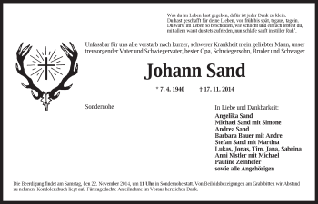 Traueranzeige von Johann Sand von Ansbach