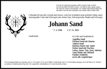 Traueranzeige von Johann Sand von Neustadt/ Scheinfeld/ Uffenheim