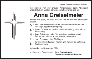 Traueranzeige von Anna Greiselmeier von Dinkelsbühl/ Feuchtwangen