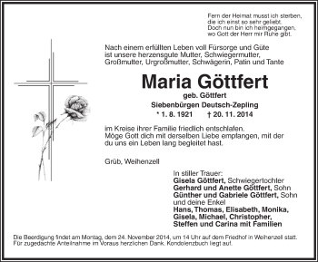 Traueranzeige von Maria Göttfert von Ansbach