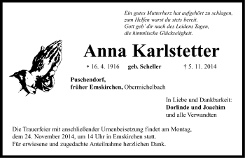 Traueranzeige von Anna Karlstetter von Neustadt/ Scheinfeld/ Uffenheim