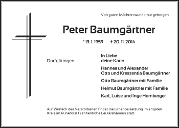 Traueranzeige von Peter Baumgärtner von Dinkelsbühl/ Feuchtwangen