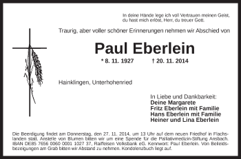 Traueranzeige von Paul Eberlein von Ansbach