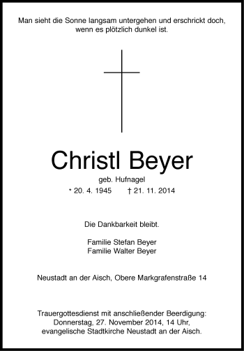Traueranzeige von Christl Beyer von Neustadt/ Scheinfeld/ Uffenheim
