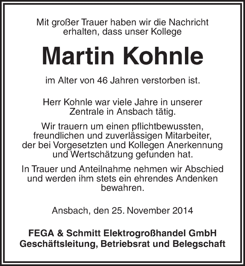 Traueranzeige für Martin Kohnle vom 25.11.2014 aus Dinkelsbühl/ Feuchtwangen