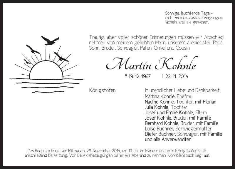  Traueranzeige für Martin Kohnle vom 25.11.2014 aus Dinkelsbühl/ Feuchtwangen
