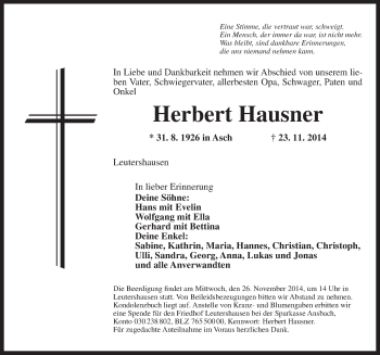 Traueranzeige von Herbert Hausner von Ansbach