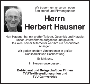 Traueranzeige von Herbert Hausner von Ansbach