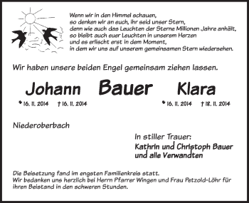 Traueranzeige von Johann und Klara Bauer von Ansbach