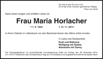 Traueranzeige von Maria Horlacher von Ansbach